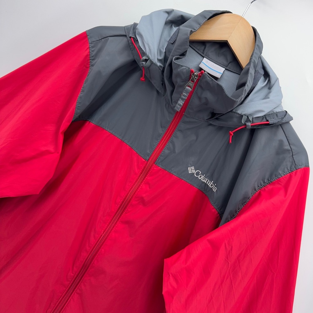 Columbia Windbreaker Lake Rain Jacket Mens M Red Grey Colorblock Hooded Full Zip